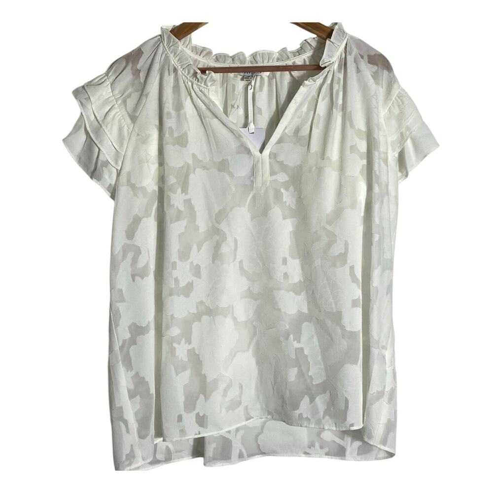 White Floral Blouse Top SZ XL Flutter Sleeves Semi Sheer Fairycore Ethereal Boho